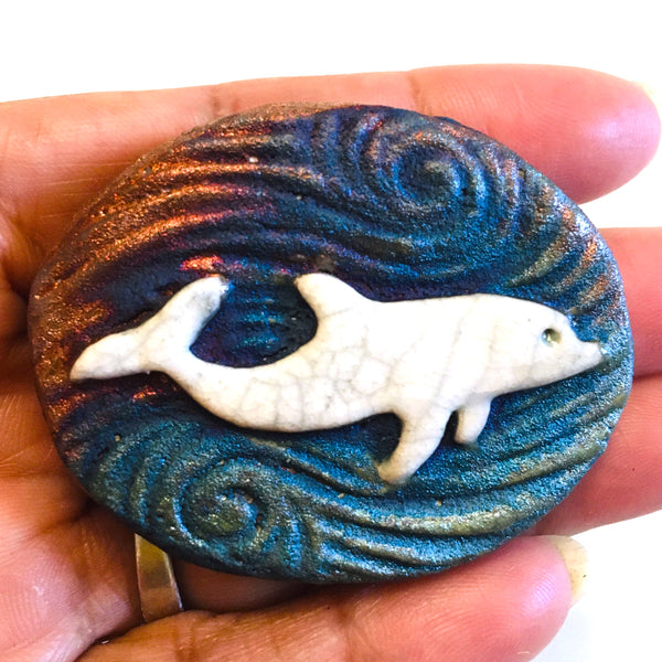 Dolphin  "I am Playful" Medallion Raku Pottery
