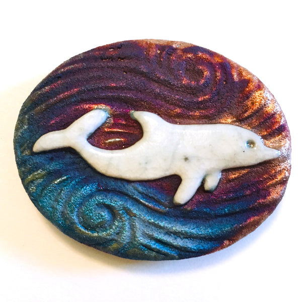 Dolphin  "I am Playful" Medallion Raku Pottery