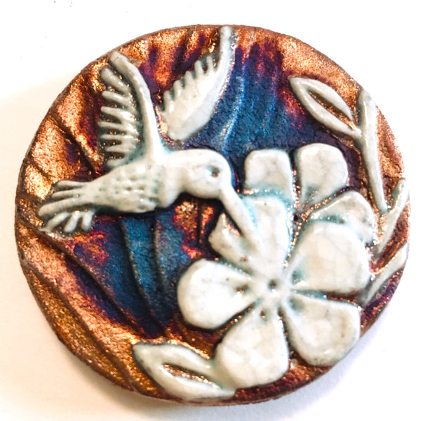 Hummingbird & Flowers "I am Present" Medallion Raku Pottery
