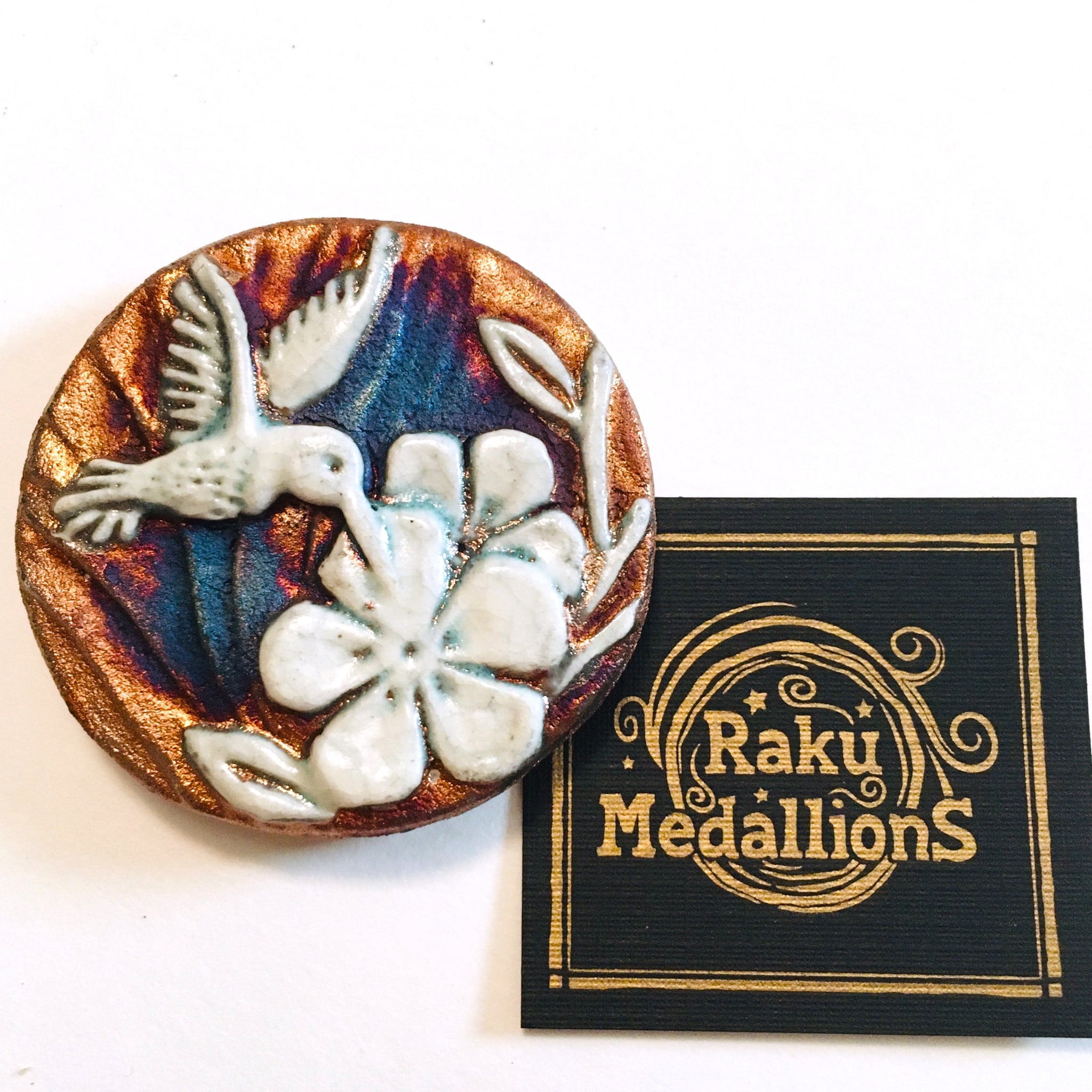 Hummingbird & Flowers "I am Present" Medallion Raku Pottery