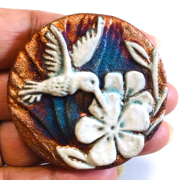 Hummingbird & Flowers "I am Present" Medallion Raku Pottery