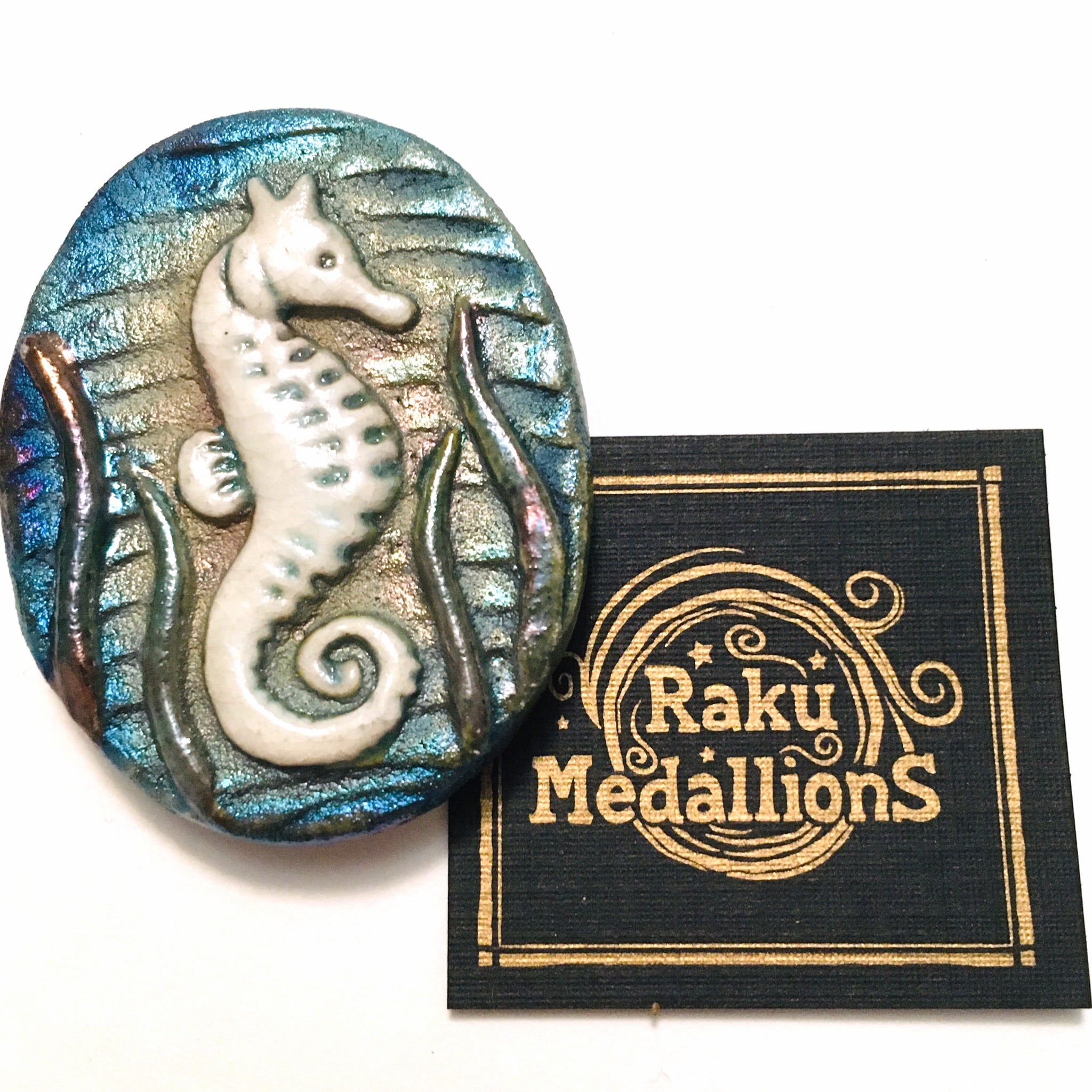 Seahorse "I am Joyful" Medallion Raku Pottery