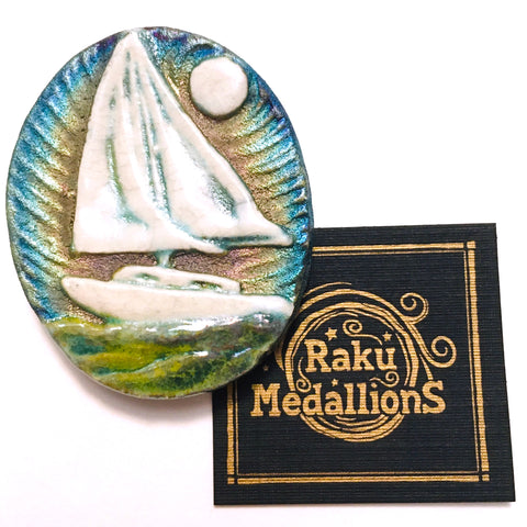 Sail Boat "Set Sail" Medallion Raku Pottery