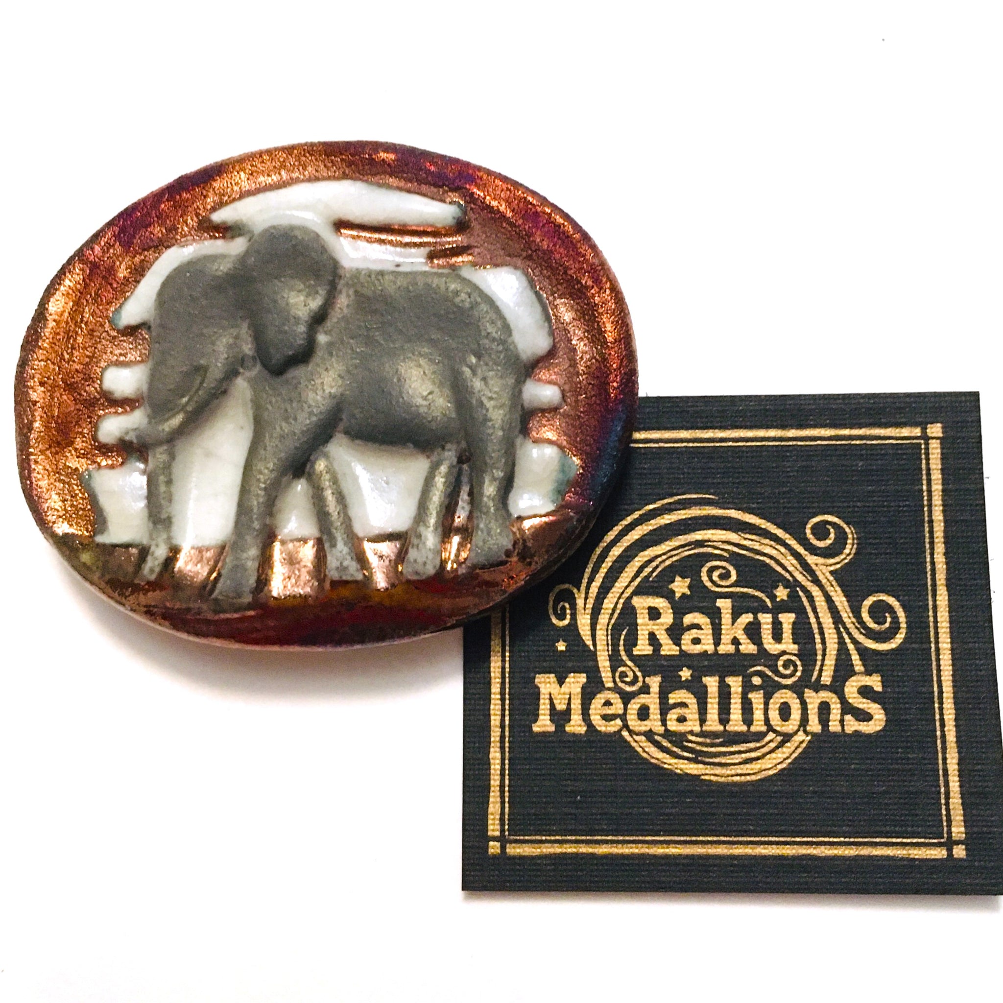 Elephant "I seek Wisdom" Medallion Raku Pottery