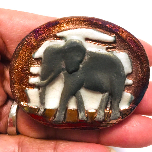 Elephant "I seek Wisdom" Medallion Raku Pottery