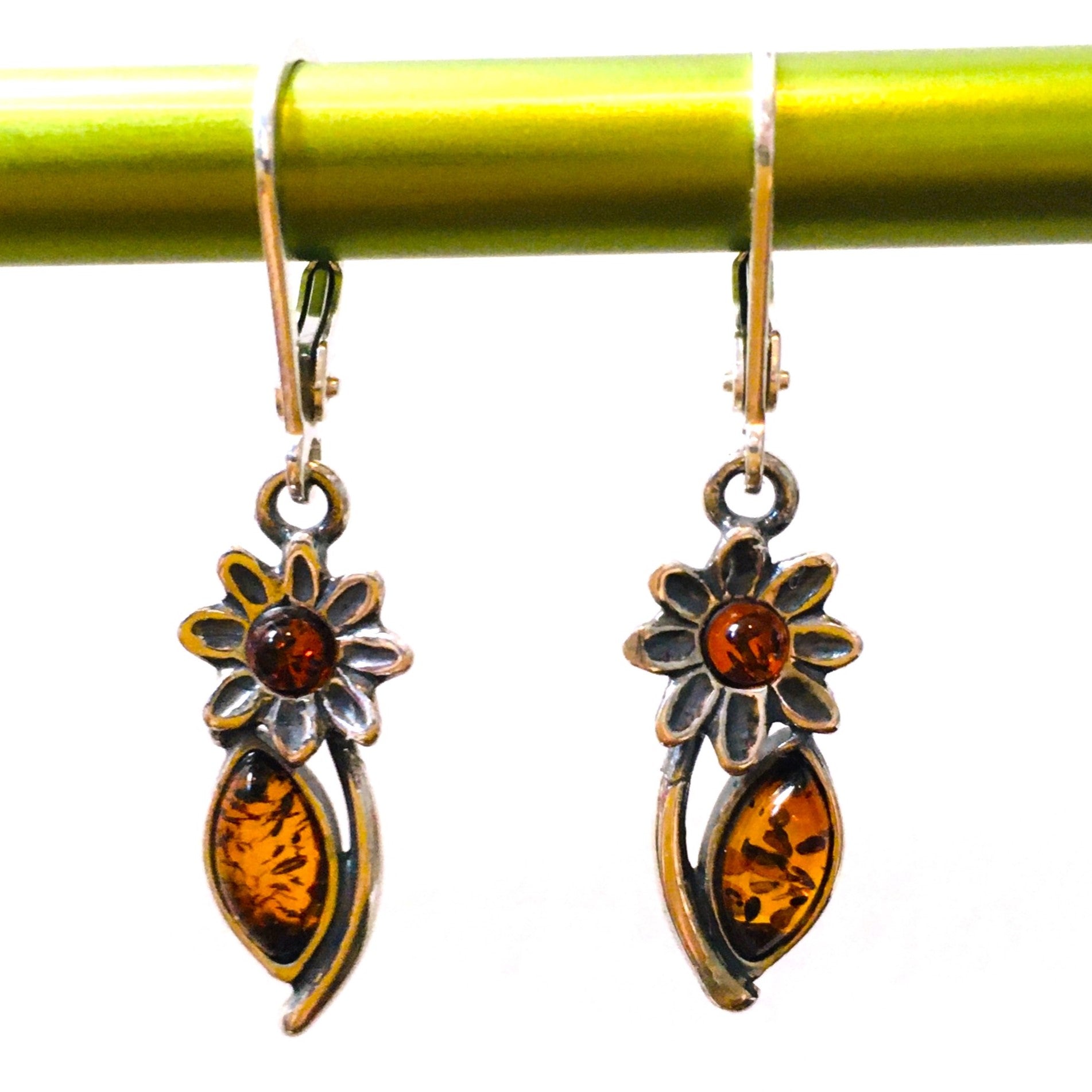 Floral Earrings Cognac Amber Sterling Silver