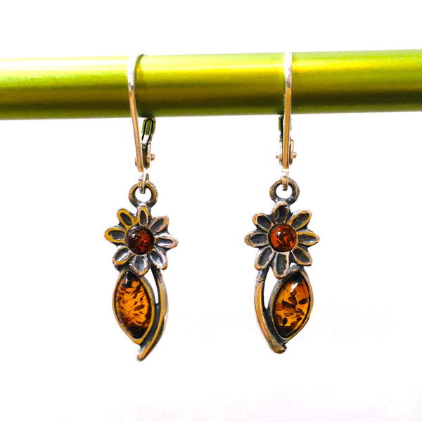 Floral Earrings Cognac Amber Sterling Silver