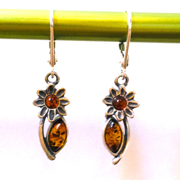Floral Earrings Cognac Amber Sterling Silver