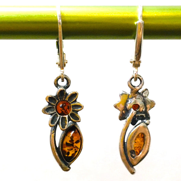 Floral Earrings Cognac Amber Sterling Silver