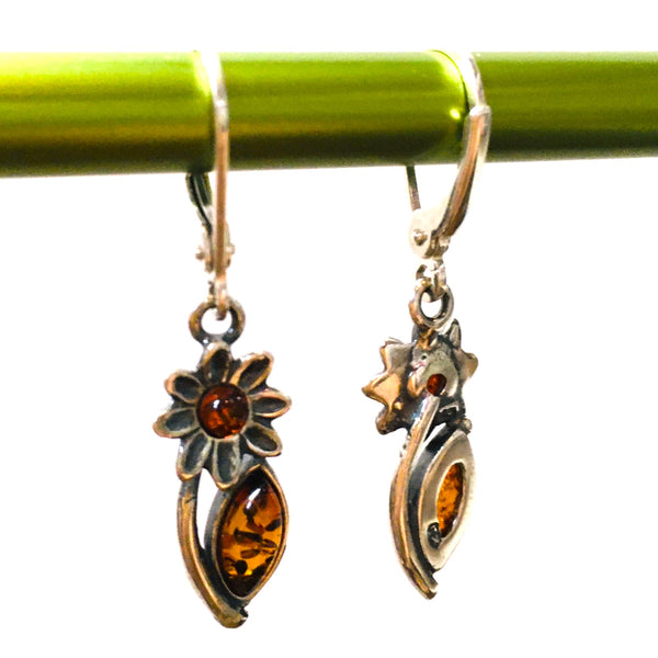 Floral Earrings Cognac Amber Sterling Silver