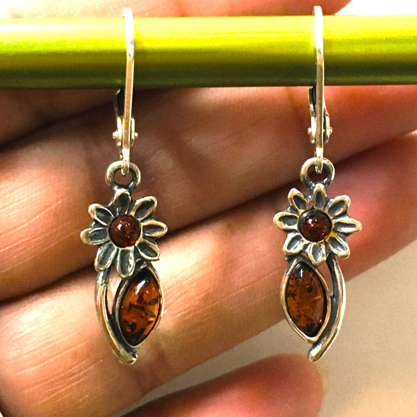 Floral Earrings Cognac Amber Sterling Silver