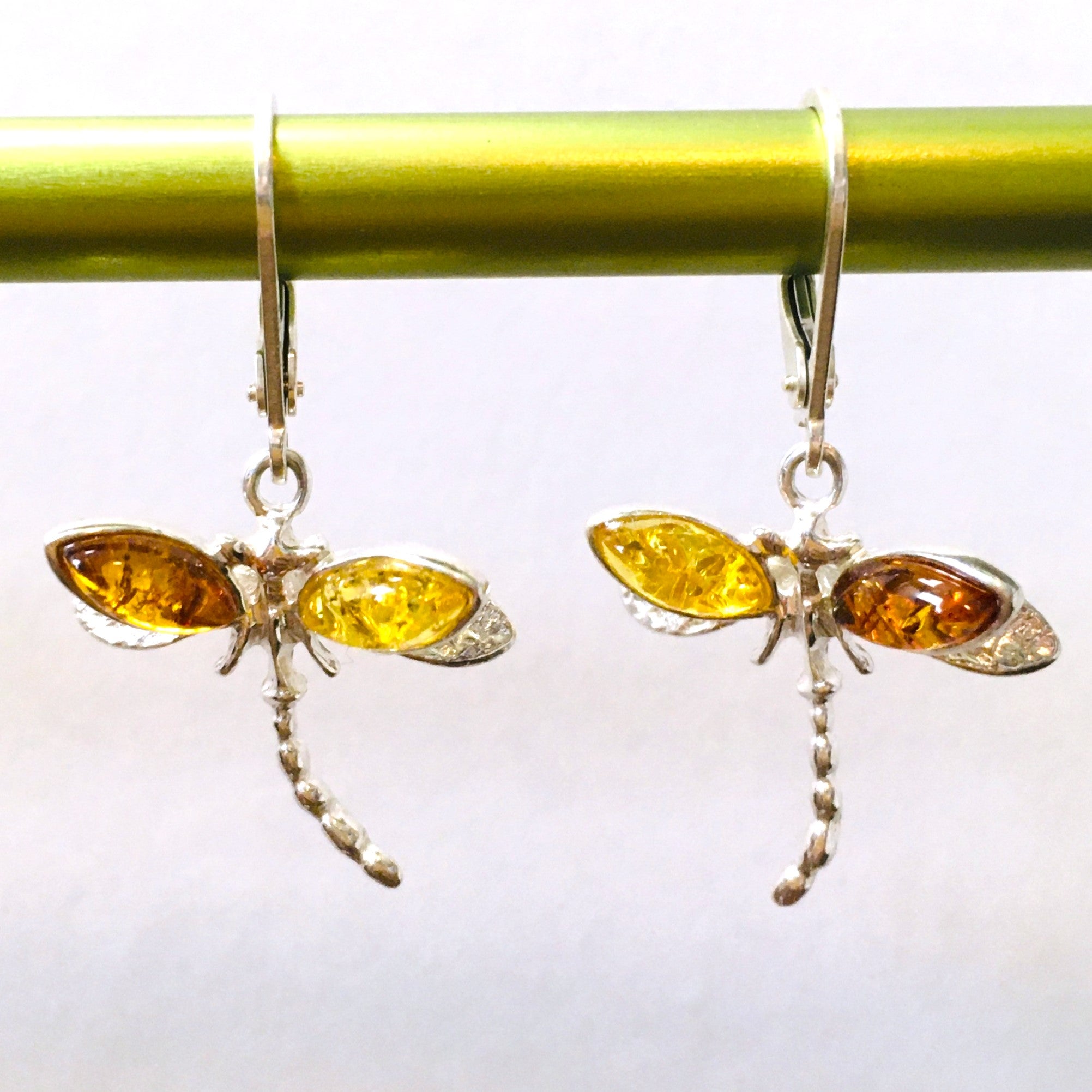 Dragonfly Earrings Cognac & Honey Amber Sterling Silver