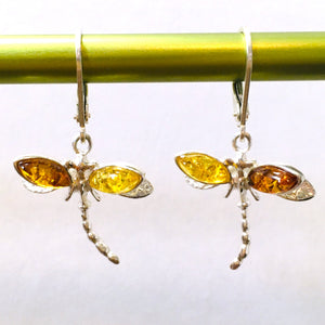 Dragonfly Earrings Cognac & Honey Amber Sterling Silver