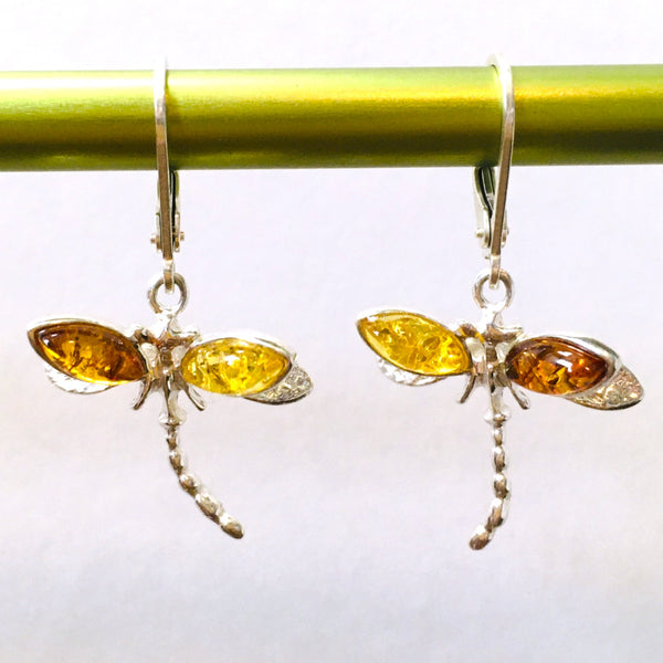 Dragonfly Earrings Cognac & Honey Amber Sterling Silver