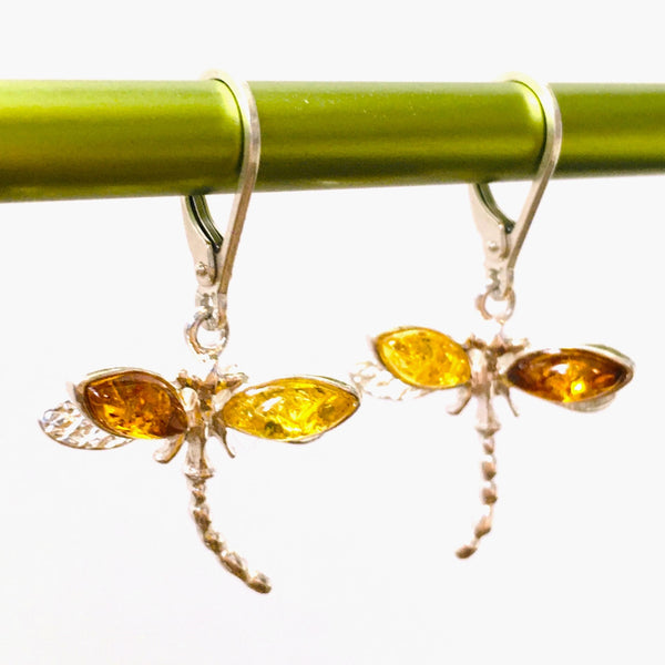 Dragonfly Earrings Cognac & Honey Amber Sterling Silver