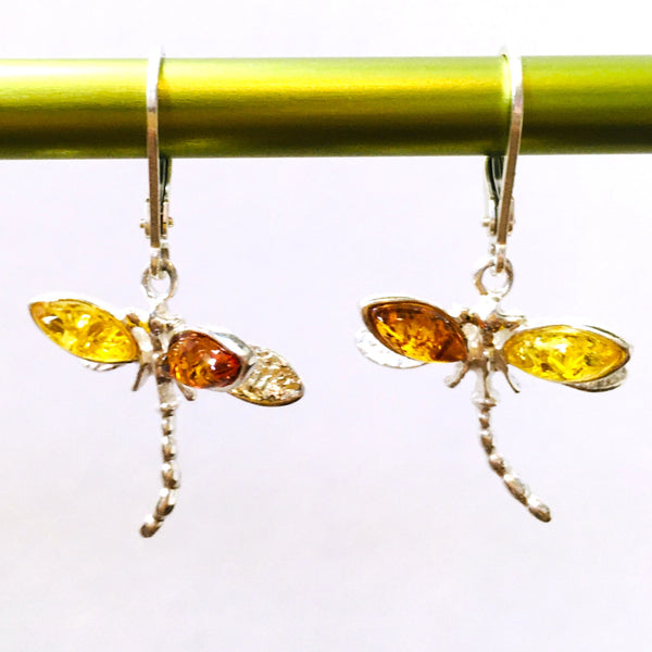 Dragonfly Earrings Cognac & Honey Amber Sterling Silver