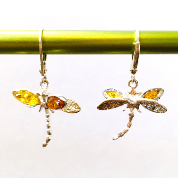 Dragonfly Earrings Cognac & Honey Amber Sterling Silver