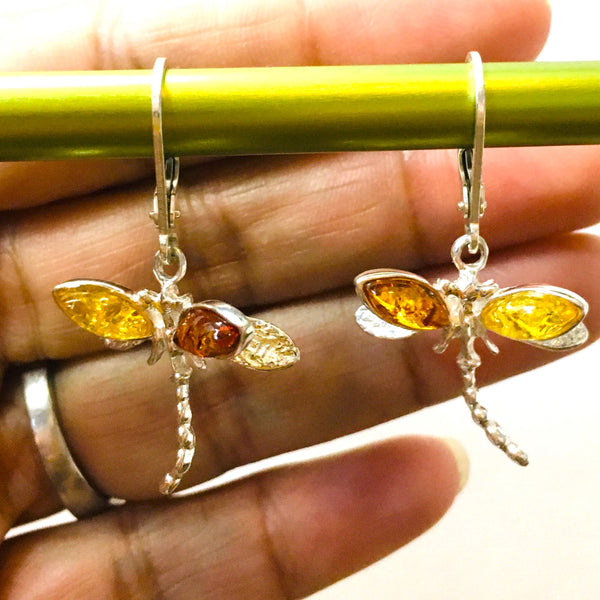 Dragonfly Earrings Cognac & Honey Amber Sterling Silver