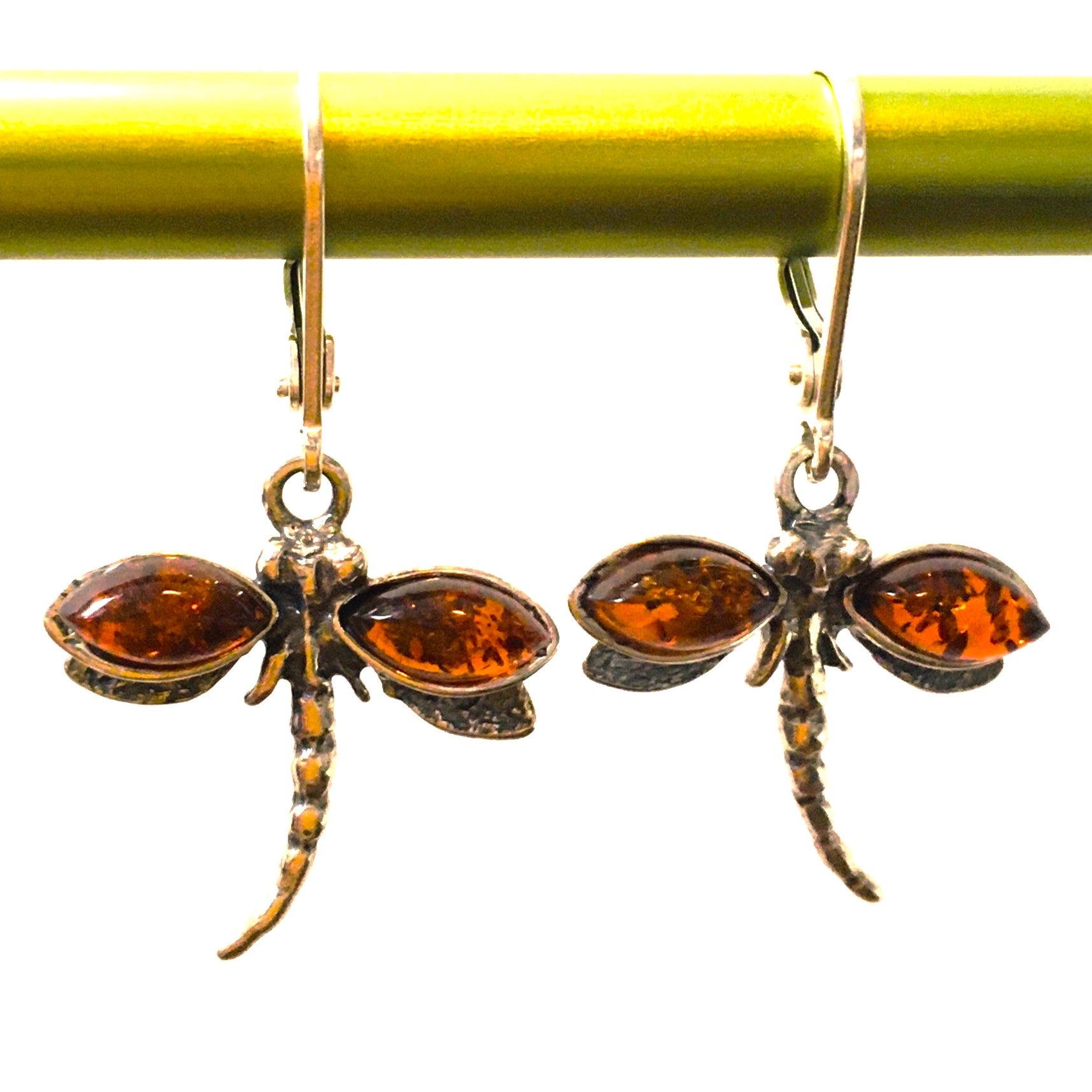 Dragonfly Earrings Cognac Amber Sterling Silver