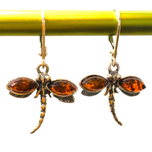 Dragonfly Earrings Cognac Amber Sterling Silver