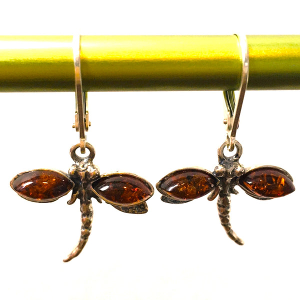 Dragonfly Earrings Cognac Amber Sterling Silver
