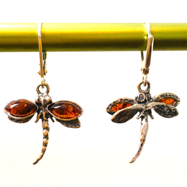 Dragonfly Earrings Cognac Amber Sterling Silver