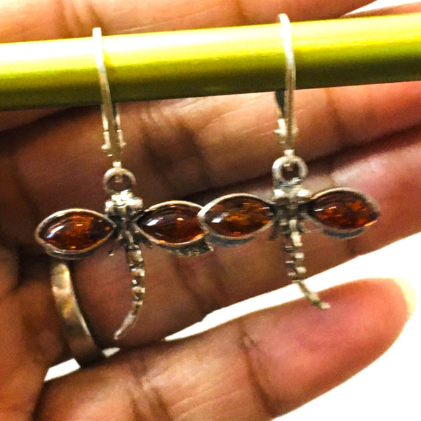 Dragonfly Earrings Cognac Amber Sterling Silver