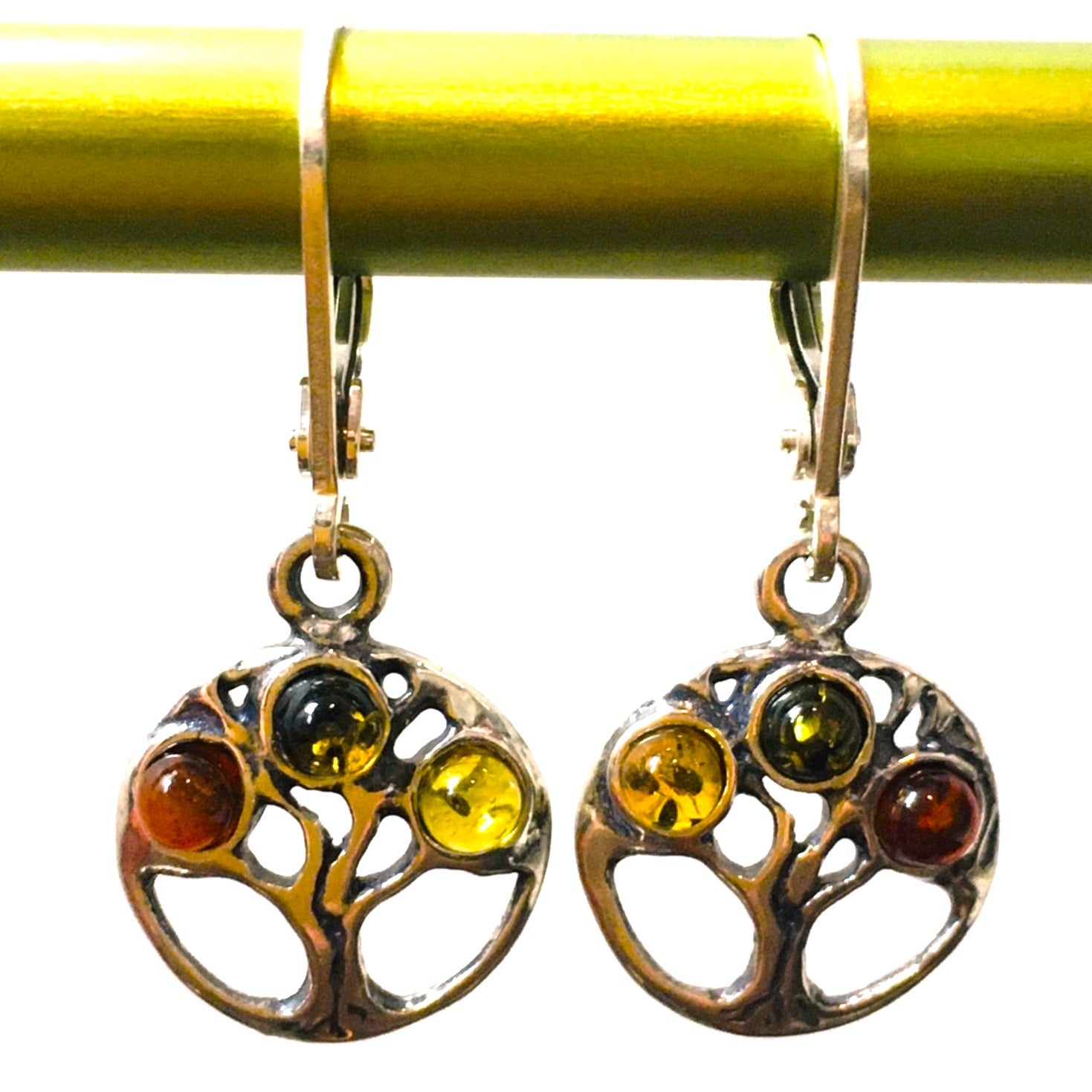 Tree of Life Earrings Multi-color Amber Sterling Silver
