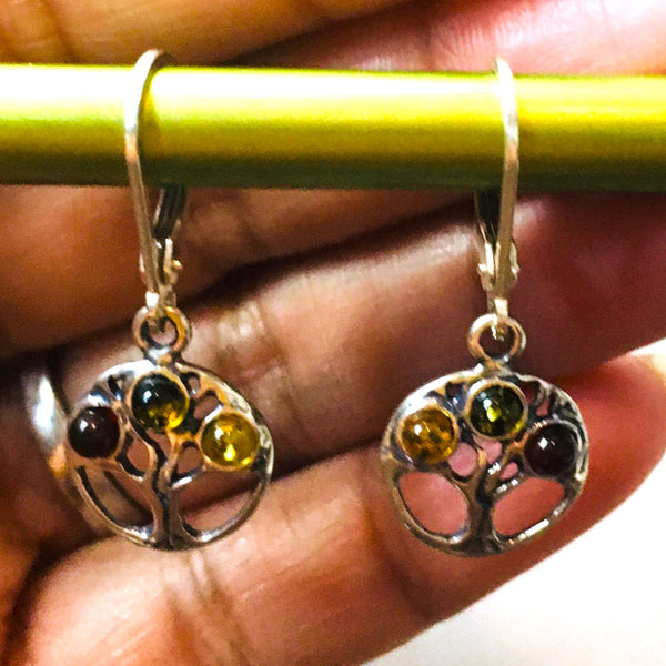 Tree of Life Earrings Multi-color Amber Sterling Silver