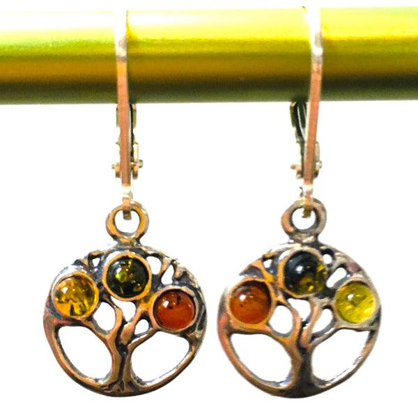 Tree of Life Earrings Multi-color Amber Sterling Silver