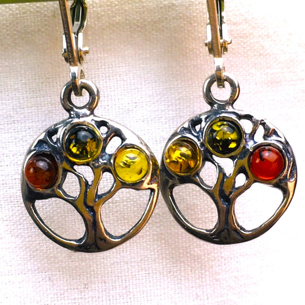 Tree of Life Earrings Multi-color Amber Sterling Silver