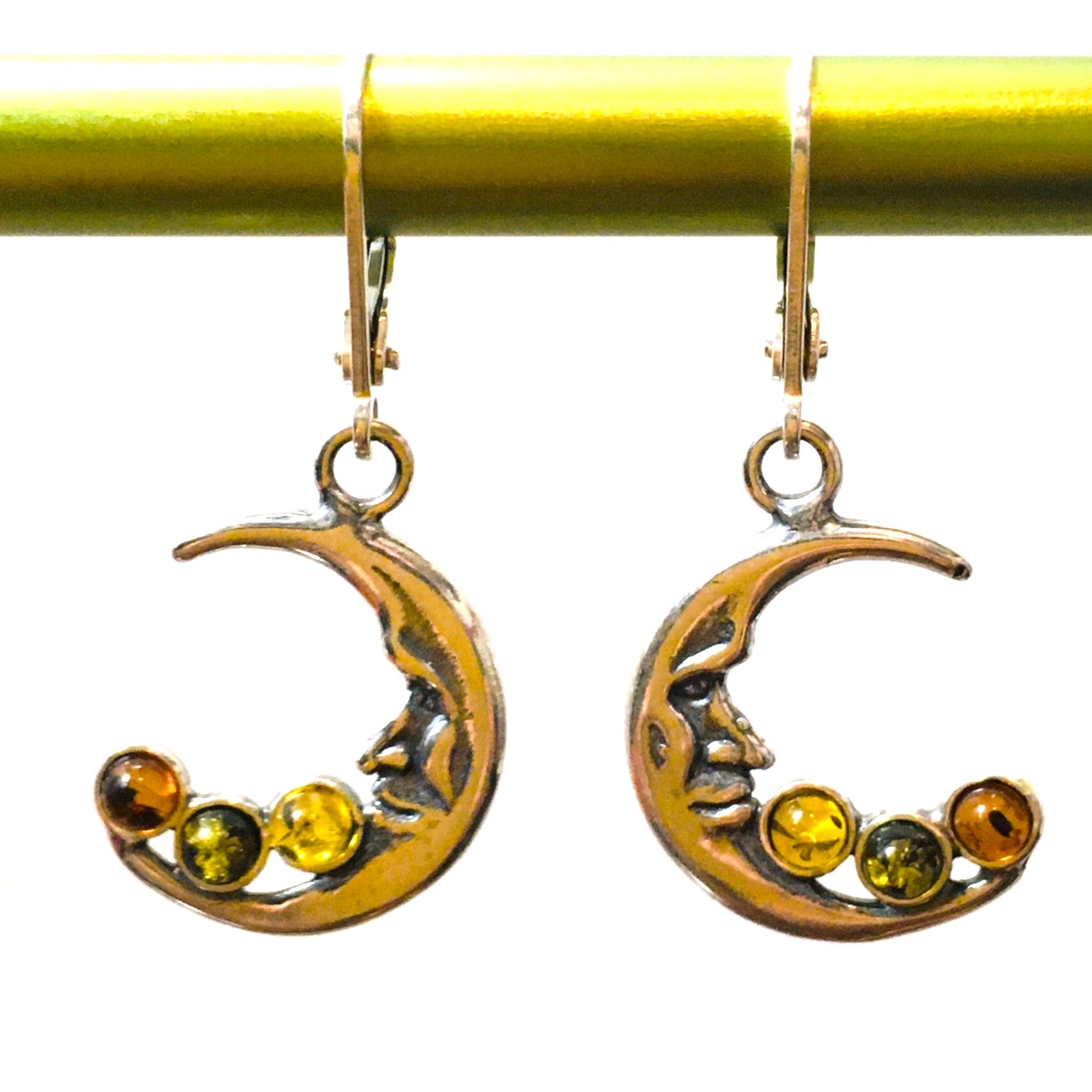Crescent Moon Earrings Multi-color Amber Sterling Silver