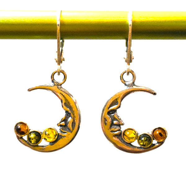 Crescent Moon Earrings Multi-color Amber Sterling Silver