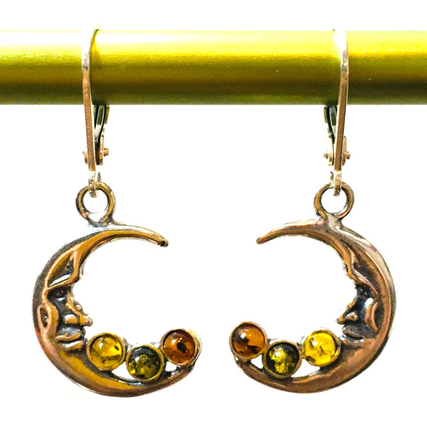 Crescent Moon Earrings Multi-color Amber Sterling Silver