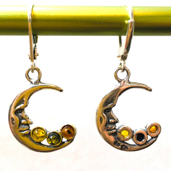 Crescent Moon Earrings Multi-color Amber Sterling Silver