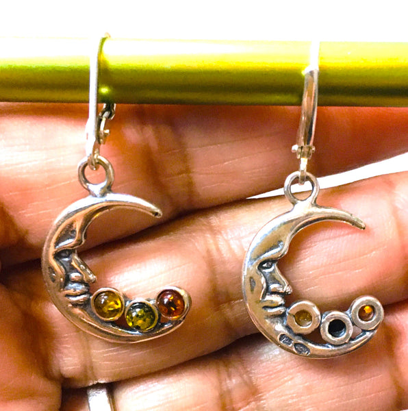 Crescent Moon Earrings Multi-color Amber Sterling Silver