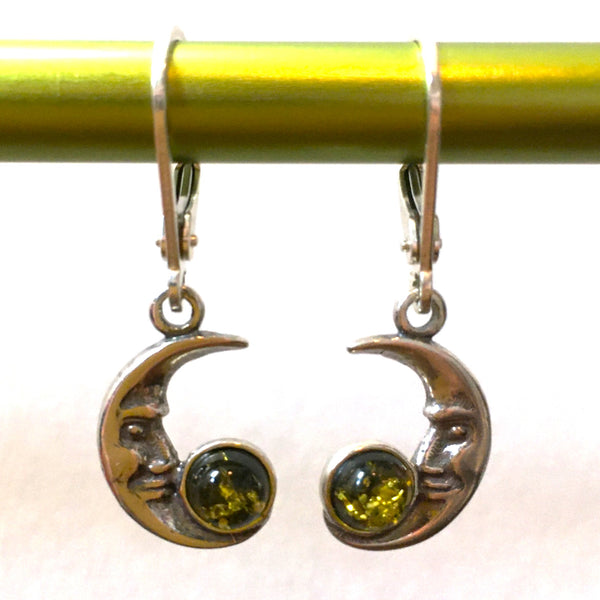 Crescent Moon Earrings Green Amber Sterling Silver