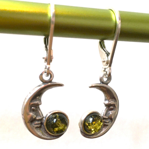 Crescent Moon Earrings Green Amber Sterling Silver