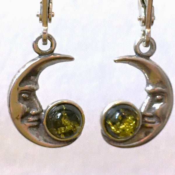 Crescent Moon Earrings Green Amber Sterling Silver