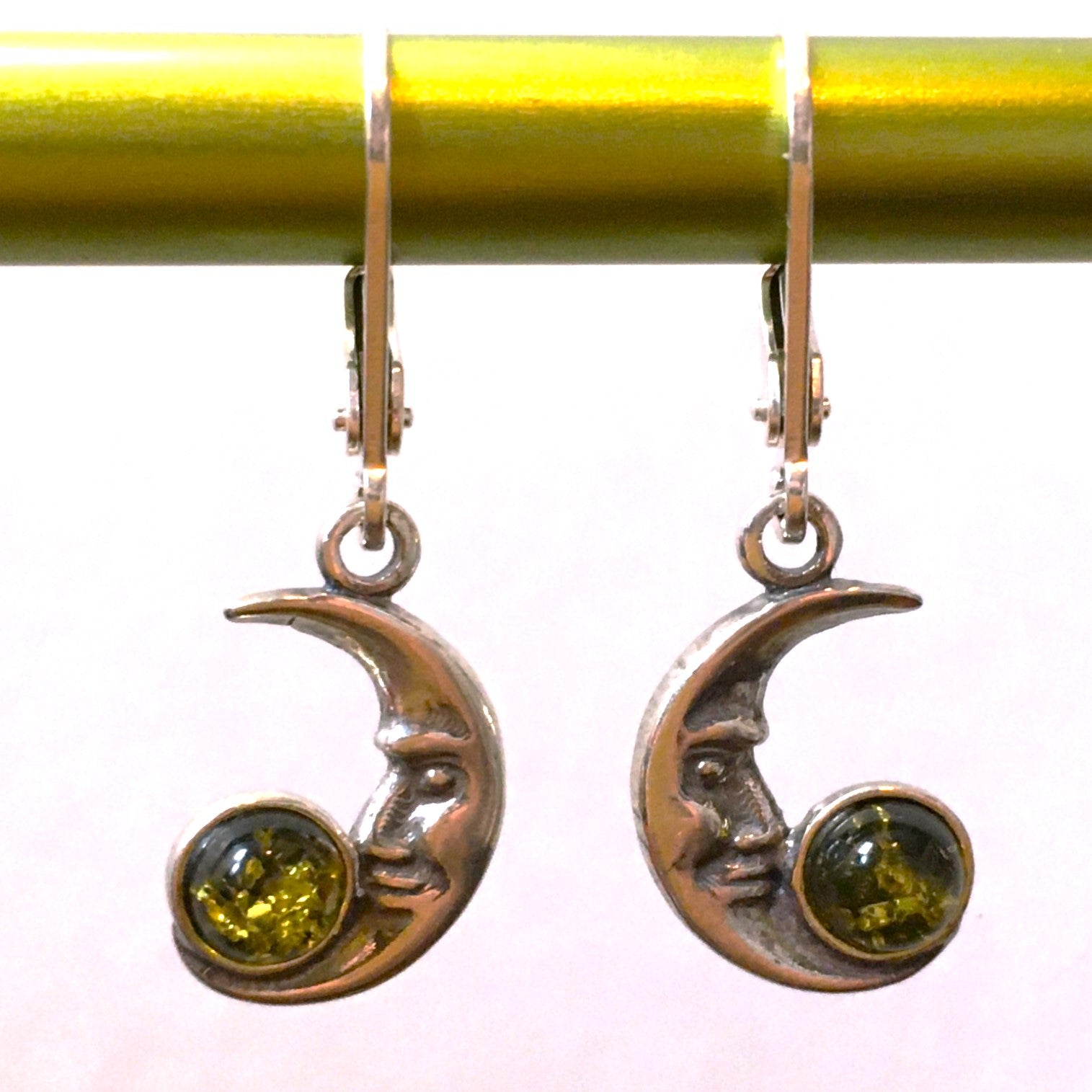 Crescent Moon Earrings Green Amber Sterling Silver