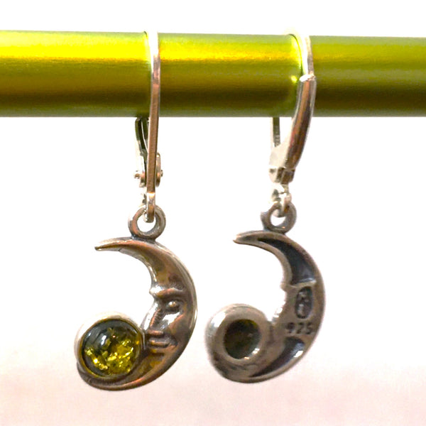 Crescent Moon Earrings Green Amber Sterling Silver