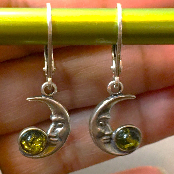 Crescent Moon Earrings Green Amber Sterling Silver
