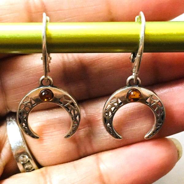 Horn Earrings Cognac Amber Sterling Silver