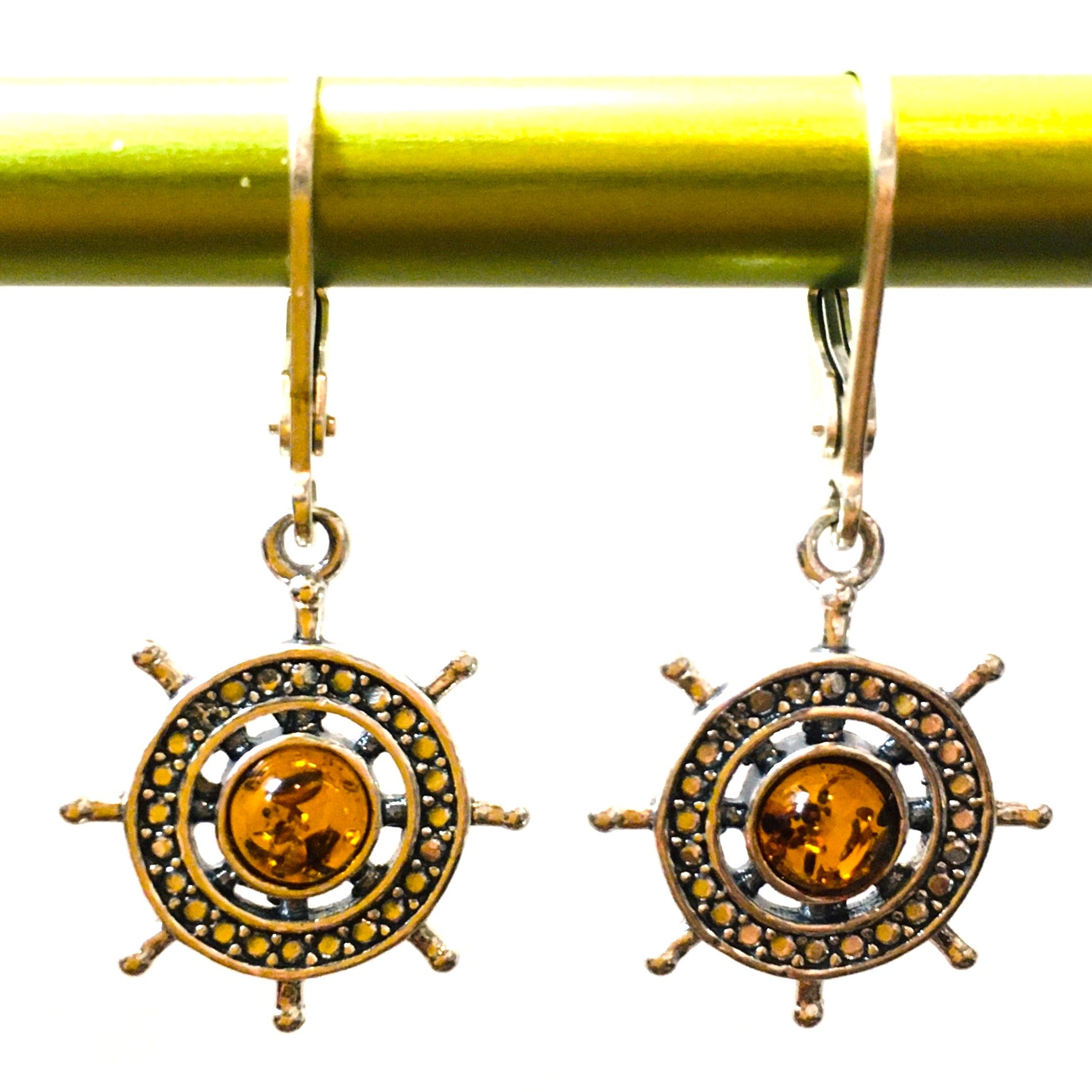 Nautical Ship Wheel Earrings Cognac Amber Sterling Silver