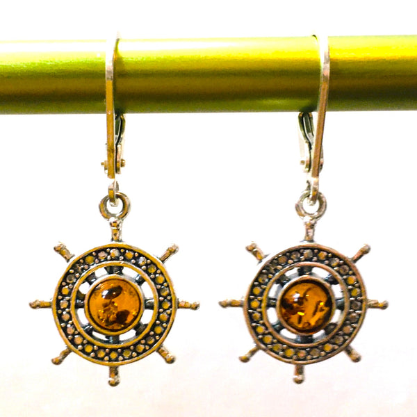 Nautical Ship Wheel Earrings Cognac Amber Sterling Silver