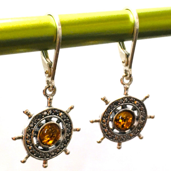 Nautical Ship Wheel Earrings Cognac Amber Sterling Silver