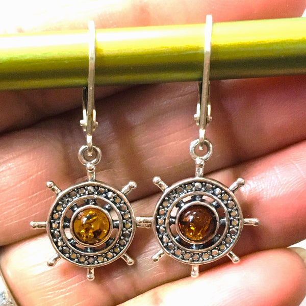 Nautical Ship Wheel Earrings Cognac Amber Sterling Silver
