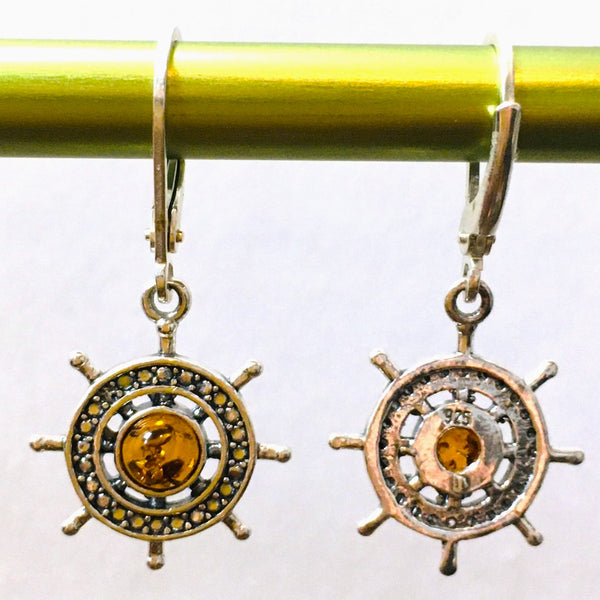 Nautical Ship Wheel Earrings Cognac Amber Sterling Silver