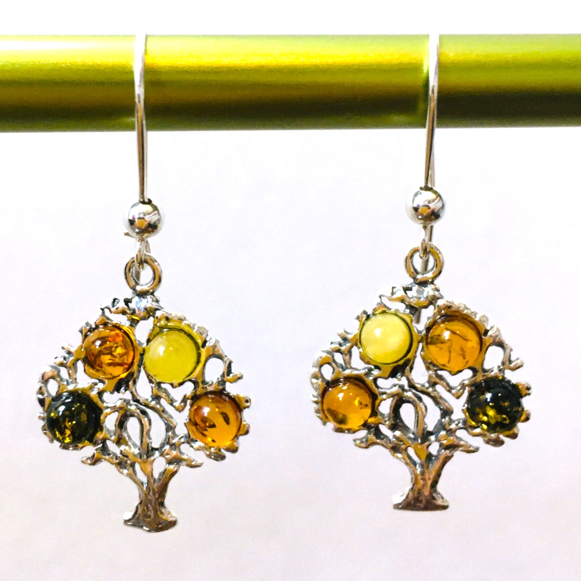 Tree of Life Earrings Multicolor Amber Sterling Silver