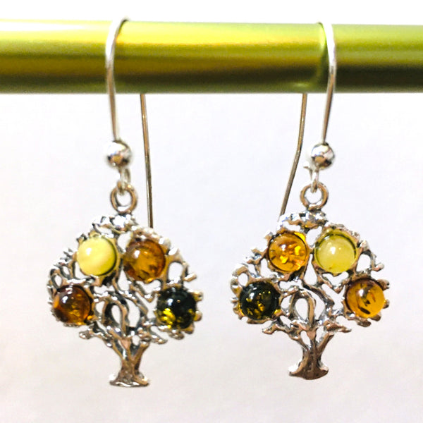 Tree of Life Earrings Multicolor Amber Sterling Silver